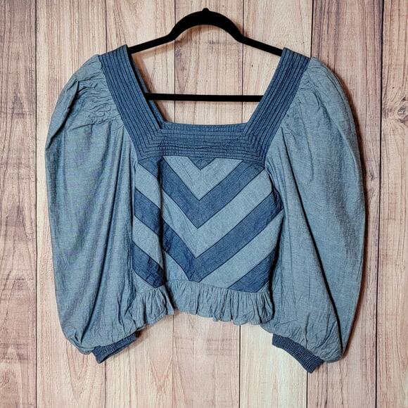 NWT Love the Label Anthropologie Smocked Puff Sleeve Denim Blouse - Picture 2 of 8